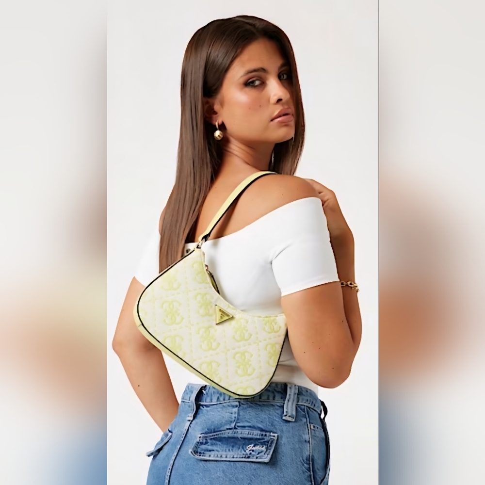 Guess Ruma Mini Top Zip  Quilted Logo Embroidered Shoulder Bag Chartreuse Color